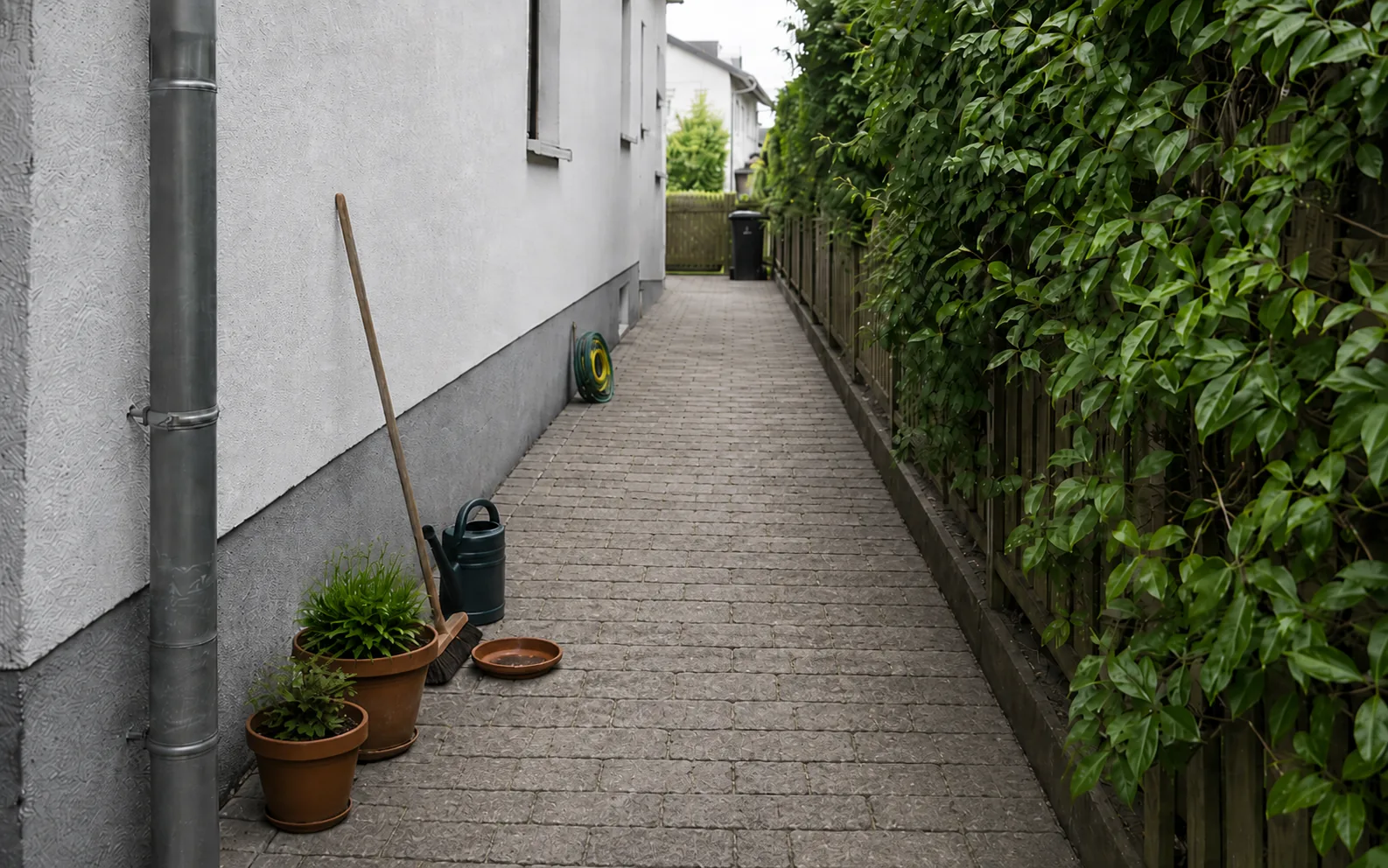 Freigeräumter Seitengang am Haus nach dem GartenReset