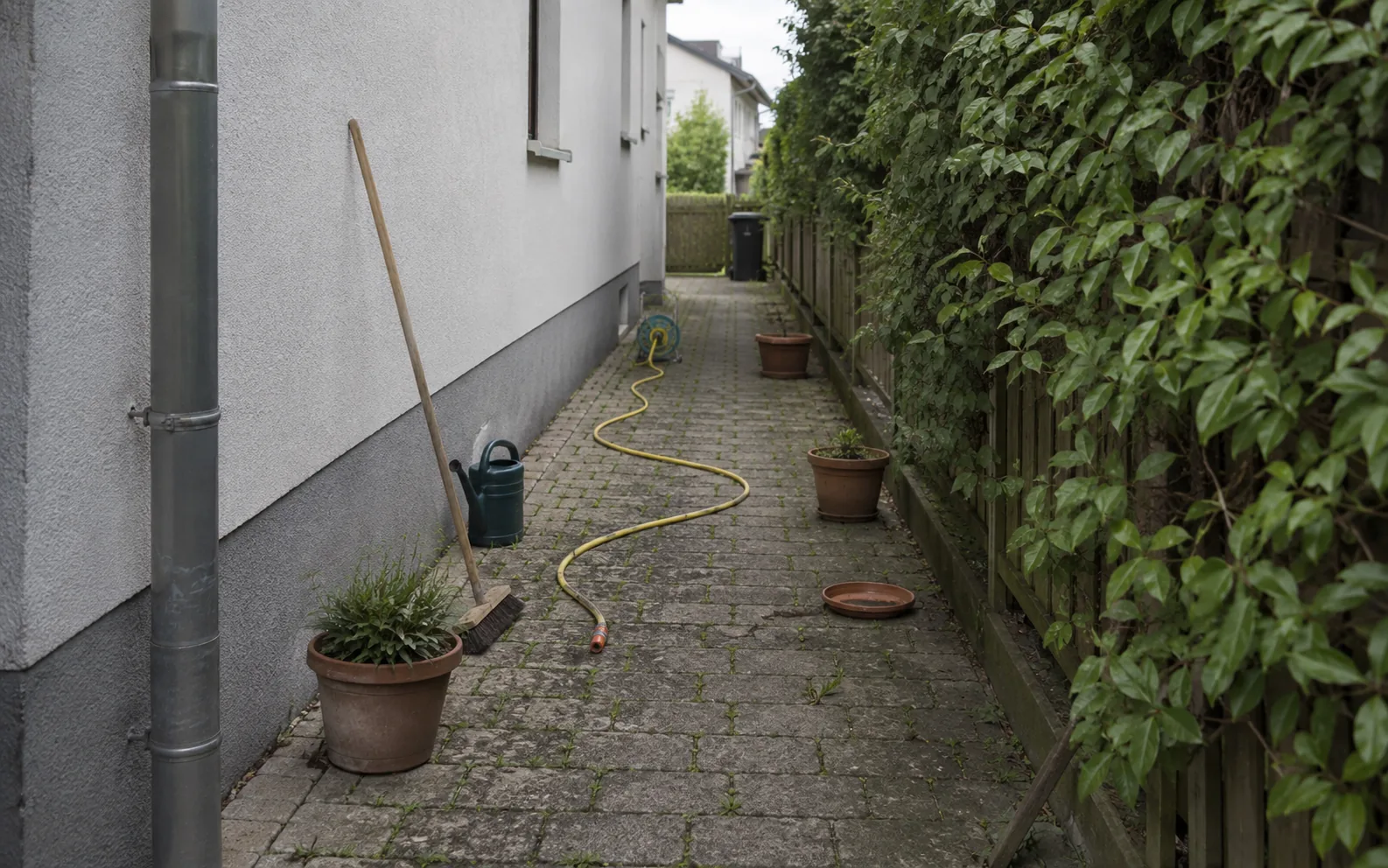 Zugewachsener Seitengang am Haus vor dem GartenReset