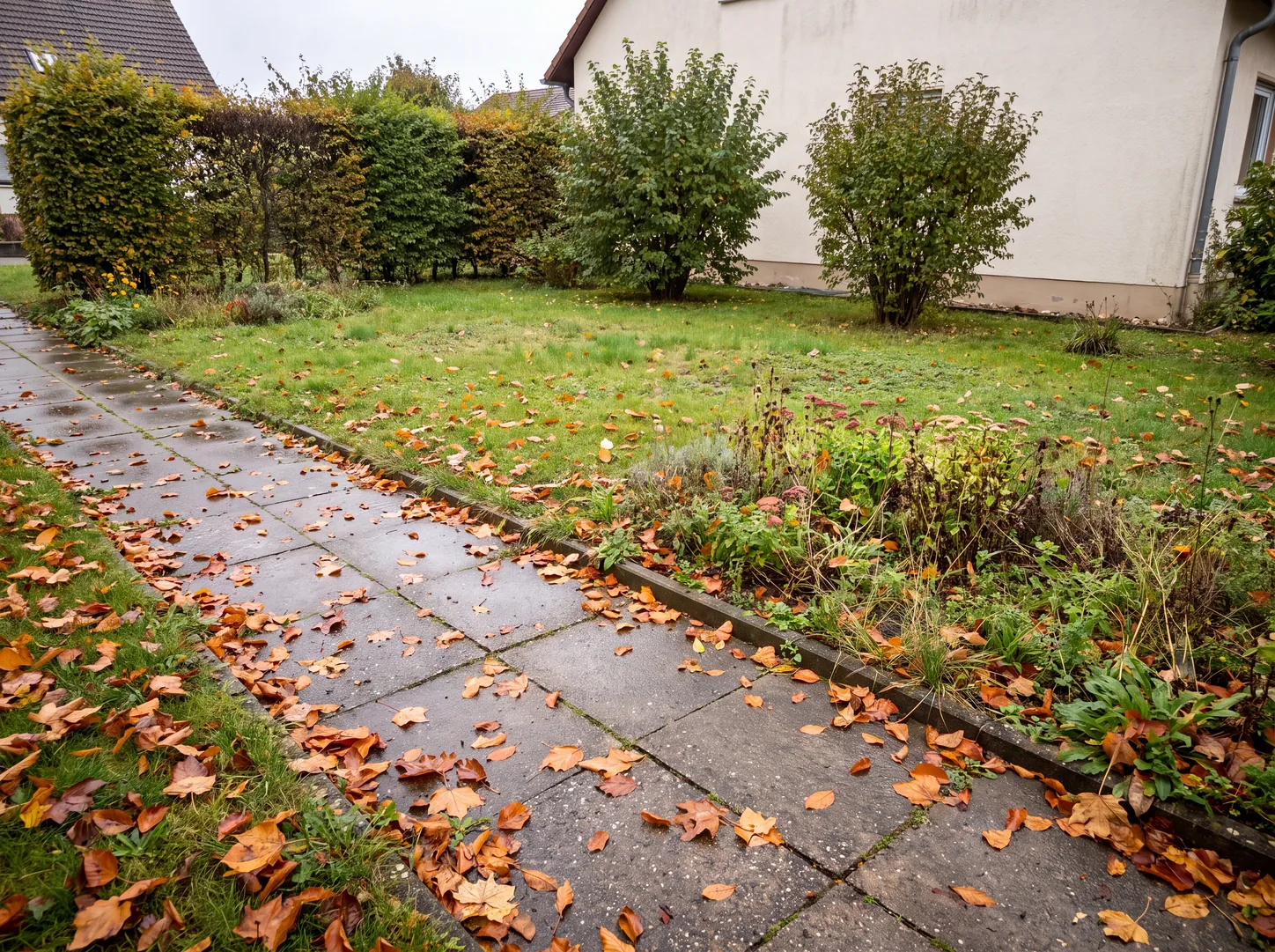 Mit Herbstlaub bedeckter Weg vor dem GartenReset